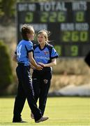 9 May 2021; Orla Prendergast of Typhoons celebrates with team-mate Georgina Dempsey after bowling out Lara Maritz of Scorchers during the third match of the Arachas Super 50 Cup between Scorchers and Typhoons at Rush Cricket Club in Rush, Dublin. Photo by Harry Murphy/Sportsfile