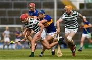 8 May 2021; Barry Nash of Limerick, supported by team-mate Richie English, 4, lifts the sliothar ahead of Tipperary players Jason Forde and Dillon Quirke during the Allianz Hurling League Division 1 Group A Round 1 match between Limerick and Tipperary at LIT Gaelic Grounds in Limerick. Photo by Ray McManus/Sportsfile