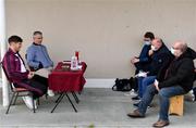 10 May 2021; Shane Walsh, far left, and Galway manager Padraic Joyce, second from left, speak to journalists during a Galway Football press conference at Loughgeorge in Galway. Photo by Sam Barnes/Sportsfile