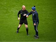 9 May 2021; Referee Sean Cleere meets Waterford manager Liam Cahill before the Allianz Hurling League Division 1 Group A Round 1 match between Cork and Waterford at Páirc Ui Chaoimh in Cork. Photo by Stephen McCarthy/Sportsfile