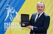 14 May 2021; 'Former Tipperary GAA Public Relations Officer Joe Bracken with his Gaelic Writers' Association (GWA) PRO of the Year award, in association with Sky Sports, at Semple Stadium in Thurles, Tipperary for the Gaelic Writers Awards 2020. Photo by Brendan Moran/Sportsfile