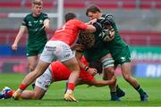 14 May 2021; Cian Prendergast of Connacht is tackled by Rhys Marshall and Dan Goggin of Munster during the Guinness PRO14 Rainbow Cup match between Munster and Connacht at Thomond Park in Limerick. Photo by Brendan Moran/Sportsfile