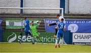 14 May 2021; Ole Erik Midtskogen of Dundalk heads his side's first goal past Finn Harps goalkeeper Mark Anthony McGinley during the SSE Airtricity League Premier Division match between Finn Harps and Dundalk at Finn Park in Ballybofey, Donegal. Photo by Stephen McCarthy/Sportsfile