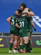 14 May 2021; Connacht players, from left, Denis Buckley, Caolin Blade and Ultan Dillane celebrate winning a penalty in the last play of the game in the Guinness PRO14 Rainbow Cup match between Munster and Connacht at Thomond Park in Limerick. Photo by Brendan Moran/Sportsfile