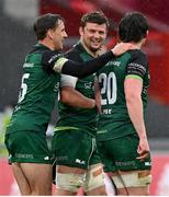 14 May 2021; Connacht players, from left, John Porch, Eoghan Masterson and Sean Masterson celebrate after the Guinness PRO14 Rainbow Cup match between Munster and Connacht at Thomond Park in Limerick. Photo by Brendan Moran/Sportsfile