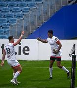 14 May 2021; Robert Baloucoune of Ulster, right, is congratulated by team-mate James Hume after scoring his side's first try during the Guinness PRO14 Rainbow Cup match between Leinster and Ulster at the RDS Arena in Dublin. Photo by David Fitzgerald/Sportsfile