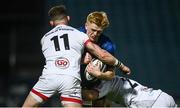 14 May 2021; Tommy O'Brien of Leinster is tackled by Craig Gilroy, left, and Nathan Doak of Ulster during the Guinness PRO14 Rainbow Cup match between Leinster and Ulster at the RDS Arena in Dublin. Photo by David Fitzgerald/Sportsfile
