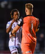 14 May 2021; Jordan Adeyemo of Drogheda United and St Patrick's Athletic goalkeeper Vitezslav Jaros after the SSE Airtricity League Premier Division match between Drogheda United and St Patrick's Athletic at Head in the Game Park in Drogheda, Louth. Photo by Ben McShane/Sportsfile