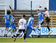 14 May 2021; Sonni Nattestad of Dundalk has a header on goal despite the attention of Shane McEleney of Finn Harps during the SSE Airtricity League Premier Division match between Finn Harps and Dundalk at Finn Park in Ballybofey, Donegal. Photo by Stephen McCarthy/Sportsfile