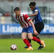 14 May 2021; Sean McSweeney of Treaty United in action against Tumelo Tlou of Athlone Town during the SSE Airtricity League First Division match between Treaty United and Athlone Town at Markets Field in Limerick. Photo by Michael P Ryan/Sportsfile