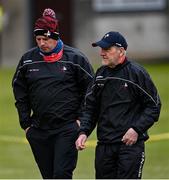 15 May 2021; Louth manager Mickey Harte, right, and selector Gavin Devlin arrive prior to the Allianz Football League Division 4 North Round 1 match between Louth and Antrim at Geraldines Club in Haggardstown, Louth. Photo by Ramsey Cardy/Sportsfile