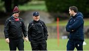 15 May 2021; Louth selector Gavin Devlin, left, Louth manager Mickey Harte, centre, and Antrim manager Enda McGinley share a joke prior to the Allianz Football League Division 4 North Round 1 match between Louth and Antrim at Geraldines Club in Haggardstown, Louth. Photo by Ramsey Cardy/Sportsfile