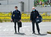 15 May 2021; Paul Geaney of Kerry, left, and selector James Foley prepare to cross the road as they arrive before the Allianz Football League Division 1 South Round 1 match between Kerry and Galway at Austin Stack Park in Tralee, Kerry. Photo by Brendan Moran/Sportsfile