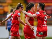 15 May 2021; Ciara Grant of Shelbourne, centre, celebrates with Jamie Finn and Emily Whelan after scoring her side's third goal during the SSE Airtricity Women's National League match between Shelbourne and Galway Women at Tolka Park in Dublin. Photo by Harry Murphy/Sportsfile
