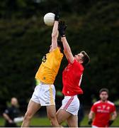 15 May 2021; Conor Stewart of Antrim in action against Andy McDonnell of Louth during the Allianz Football League Division 4 North Round 1 match between Louth and Antrim at Geraldines Club in Haggardstown, Louth. Photo by Ramsey Cardy/Sportsfile