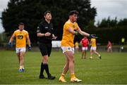 15 May 2021; Ryan Murray of Antrim appeals to the linesman before being shown a red card by referee Barry Tiernan during the Allianz Football League Division 4 North Round 1 match between Louth and Antrim at Geraldines Club in Haggardstown, Louth. Photo by Ramsey Cardy/Sportsfile