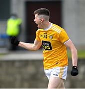 15 May 2021; Eunan Walsh of Antrim celebrates after kicking a late point during the Allianz Football League Division 4 North Round 1 match between Louth and Antrim at Geraldines Club in Haggardstown, Louth. Photo by Ramsey Cardy/Sportsfile