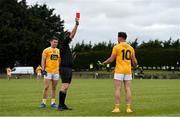 15 May 2021; Ryan Murray of Antrim receives a red card from referee Barry Tiernan during the Allianz Football League Division 4 North Round 1 match between Louth and Antrim at Geraldines Club in Haggardstown, Louth. Photo by Ramsey Cardy/Sportsfile