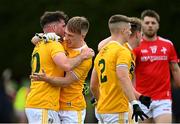 15 May 2021; Ryan Murray, left, and Odhran Eastwood of Antrim following their side's victory in the Allianz Football League Division 4 North Round 1 match between Louth and Antrim at Geraldines Club in Haggardstown, Louth. Photo by Ramsey Cardy/Sportsfile