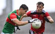 15 May 2021; Tommy Conroy of Mayo in action against Barry O'Hagan of Down during the Allianz Football League Division 2 North Round 1 match between Mayo and Down at Elverys MacHale Park in Castlebar, Mayo. Photo by Piaras Ó Mídheach/Sportsfile