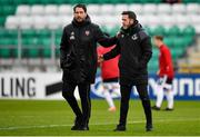15 May 2021; Derry City manager Ruaidhri Higgins, left, and Shamrock Rovers manager Stephen Bradley before the SSE Airtricity League Premier Division match between Shamrock Rovers and Derry City at Tallaght Stadium in Dublin. Photo by Seb Daly/Sportsfile