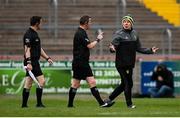 15 May 2021; Donegal manager Declan Bonner speaks to referee Joe Mc Quillan at half-time of the Allianz Football League Division 1 North Round 1 match between Tyrone and Donegal at Healy Park in Omagh, Tyrone. Photo by Stephen McCarthy/Sportsfile