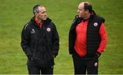 15 May 2021; Tyrone joint-managers Brian Dooher, left, and Feargal Logan following the Allianz Football League Division 1 North Round 1 match between Tyrone and Donegal at Healy Park in Omagh, Tyrone. Photo by Stephen McCarthy/Sportsfile