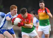 15 May 2021; Conor Crowley of Carlow in action against Sean Boyce of Waterford during the Allianz Football League Division 3 North Round 1 match between Waterford and Carlow at Fraher Field in Dungarvan, Waterford. Photo by Matt Browne/Sportsfile