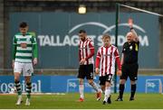 15 May 2021; Referee Graham Kelly shows a red card to Daniel Lafferty of Derry City, 24, during the SSE Airtricity League Premier Division match between Shamrock Rovers and Derry City at Tallaght Stadium in Dublin. Photo by Seb Daly/Sportsfile