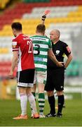 15 May 2021; Referee Graham Kelly shows a red card to Sean Hoare of Shamrock Rovers during the SSE Airtricity League Premier Division match between Shamrock Rovers and Derry City at Tallaght Stadium in Dublin. Photo by Seb Daly/Sportsfile