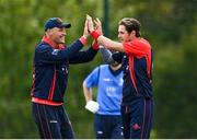 16 May 2021; Mark Adair of Northern Knights, right, celebrates with team-mate Ben White, after bowling Jack Tector of Leinster Lightning out during the Cricket Ireland Inter-Provincial Cup 2021 match between Northern Knights and Leinster Lightning at North Down Cricket Club in Comber, Down. Photo by Sam Barnes/Sportsfile