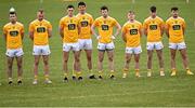 15 May 2021; Antrim players, from left, Dermot McAleese, Mark Jordan, Conor Stewart, Niall McKeever, Ruairi McCann, Odhran Eastwood, Mick McCann and Ryan Murray prior to the Allianz Football League Division 4 North Round 1 match between Louth and Antrim at Geraldines Club in Haggardstown, Louth. Photo by Ramsey Cardy/Sportsfile