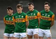 15 May 2021; Kerry players, from left, Paudie Clifford, Gavin White, David Clifford and David Moran stand for Amhrán na bhFiann before the Allianz Football League Division 1 South Round 1 match between Kerry and Galway at Austin Stack Park in Tralee, Kerry. Photo by Brendan Moran/Sportsfile