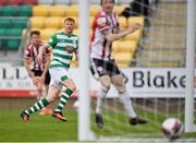 15 May 2021; Rory Gaffney of Shamrock Rovers turns to celebrate after scoring his side's equalising goal during the SSE Airtricity League Premier Division match between Shamrock Rovers and Derry City at Tallaght Stadium in Dublin. Photo by Seb Daly/Sportsfile