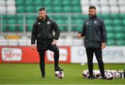 15 May 2021; Shamrock Rovers strength & conditioning coach Darren Dillon, left, and  sporting director Stephen McPhail before the SSE Airtricity League Premier Division match between Shamrock Rovers and Derry City at Tallaght Stadium in Dublin. Photo by Seb Daly/Sportsfile