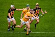 16 May 2021; Eoghan Campbell of Antrim gets to the sliotar ahead of team-mate Stephen Rooney and Liam Blanchfield, left, and James Bergin of Kilkenny during the Allianz Hurling League Division 1 Group B Round 2 match between Kilkenny and Antrim at UPMC Nowlan Park in Kilkenny. Photo by Brendan Moran/Sportsfile