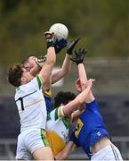 16 May 2021; Paddy Dunican and Eoin Rigney of Offaly contest a high ball with Seanie Furlong and Niall Donnelly of Wicklow during the Allianz Football League Division 3 South Round 1 match between Wicklow and Offaly at the County Grounds in Aughrim, Wicklow. Photo by Harry Murphy/Sportsfile