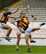 16 May 2021; Eoin Cody, left, and Alan Murphy of Kilkenny contest a dropping ball with Stephen Rooney of Antrim during the Allianz Hurling League Division 1 Group B Round 2 match between Kilkenny and Antrim at UPMC Nowlan Park in Kilkenny. Photo by Brendan Moran/Sportsfile