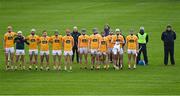 16 May 2021; Antrim manager Darren Gleeson, right, and his team stand for Amhrán na bhFiann before the Allianz Hurling League Division 1 Group B Round 2 match between Kilkenny and Antrim at UPMC Nowlan Park in Kilkenny. Photo by Brendan Moran/Sportsfile