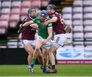 16 May 2021; David Reidy of Limerick in action against Fintan Burke, left, and Padraic Mannion of Galway during the Allianz Hurling League Division 1 Group A Round 2 match between Galway and Limerick at Pearse Stadium in Galway. Photo by Piaras Ó Mídheach/Sportsfile