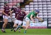 16 May 2021; David Reidy of Limerick gets past Galway players, from left, Fintan Burke, David Burke, and Padraic Mannion during the Allianz Hurling League Division 1 Group A Round 2 match between Galway and Limerick at Pearse Stadium in Galway. Photo by Piaras Ó Mídheach/Sportsfile
