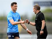 16 May 2021; Ryan Basquel of Dublin and referee Derek O'Mahoney following the Allianz Football League Division 1 South Round 1 match between Roscommon and Dublin at Dr Hyde Park in Roscommon. Photo by Stephen McCarthy/Sportsfile
