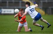16 May 2021; Ross McQuillan of Armagh in action against Stephen O'Hanlon of Monaghan during the Allianz Football League Division 1 North Round 1 match between Monaghan and Armagh at Brewster Park in Enniskillen, Fermanagh. Photo by David Fitzgerald/Sportsfile