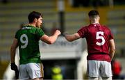 16 May 2021; Padraic Harnan of Meath and James Dolan of Westmeath following the Allianz Football League Division 2 North Round 1 match between Meath and Westmeath at Páirc Tailteann in Navan, Meath. Photo by Ramsey Cardy/Sportsfile