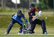 16 May 2021; Mark Adair of Northern Knights plays a shot watched by Leinster Lightning wicketkeeper Lorcan Tucker during the Cricket Ireland Inter-Provincial Cup 2021 match between Northern Knights and Leinster Lightning at North Down Cricket Club in Comber, Down. Photo by Sam Barnes/Sportsfile