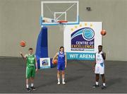 20 May 2021; Kate Hickey, centre, former Ireland U18 international and Waterford Wildcats player, with, from left, Jay Kavanagh, former Ireland U18 international & Waterford Vikings player and Osi Oshiogwemoh, former Ireland U16 international and Waterford Vikings National League player, at the Basketball Ireland Centre of Excellence announcement at Waterford IT in Waterford. Photo by Matt Browne/Sportsfile