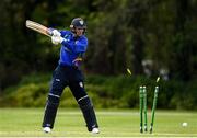 18 May 2021; Graham Kennedy of Northern Knights is bowled out by Luke Georgeson of North West Warriors during the Cricket Ireland InterProvincial Cup 2021 match between Northern Knights and North West Warriors at Stormont in Belfast. Photo by Matt Browne/Sportsfile