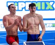 18 May 2021; Max McCusker, left, and Brendan Hyland of Ireland during the final of the mixed 4 x 200m freestyle event during day 9 of the LEN European Aquatics Championships at the Duna Arena in Budapest, Hungary. Photo by Marcel ter Bals/Sportsfile