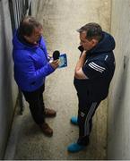 16 May 2021; South East Radio commentator Liam Spratt interviews Davy Fitzgerald after the Allianz Hurling League Division 1 Group B Round 2 match between Clare and Wexford at Cusack Park in Ennis, Clare. Photo by Ray McManus/Sportsfile