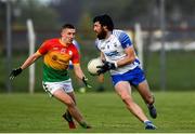15 May 2021; Tommy Prendergast of Waterford in action against Jason Kane of Carlow during the Allianz Football League Division 3 North Round 1 match between Waterford and Carlow at Fraher Field in Dungarvan, Waterford. Photo by Matt Browne/Sportsfile